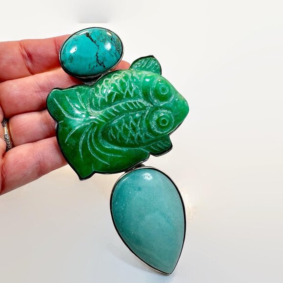 Jewelry - Amy Kahn Russel Pendant: Jade Turquoise Chrysoprase Vintage Carved Stone 5" Long